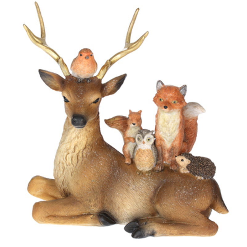 Resin Reindeer and Woodland Animals Ornament by Gisela Graham This Christmas ornament features a reindeer sitting down with woodland animals and birds sitting on the deers. This large decoration will make a lovely addition to your Christmas decorations. Sure to make everyone smile. Made from resin. This fesive deer by designer Gisela Graham will delight for years to come. It will compliment any Christmas deccorations and could be sat next to your Christmas Tree or in your hallway or on your mantlepiece at Christmas year after year. Remember Booker Flowers and Gifts for Gisela Graham Christmas Decorations.